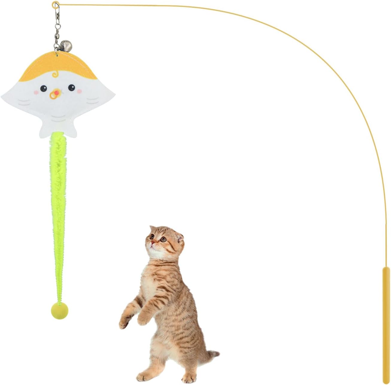 35" Yellow Fish Shape Bell Cat Fishing Pole Wand