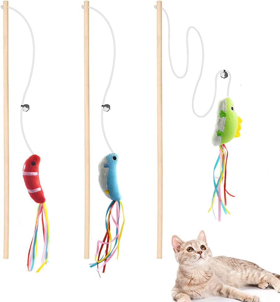 3-Pack Wooden Handle Fish Tail Teaser Wands