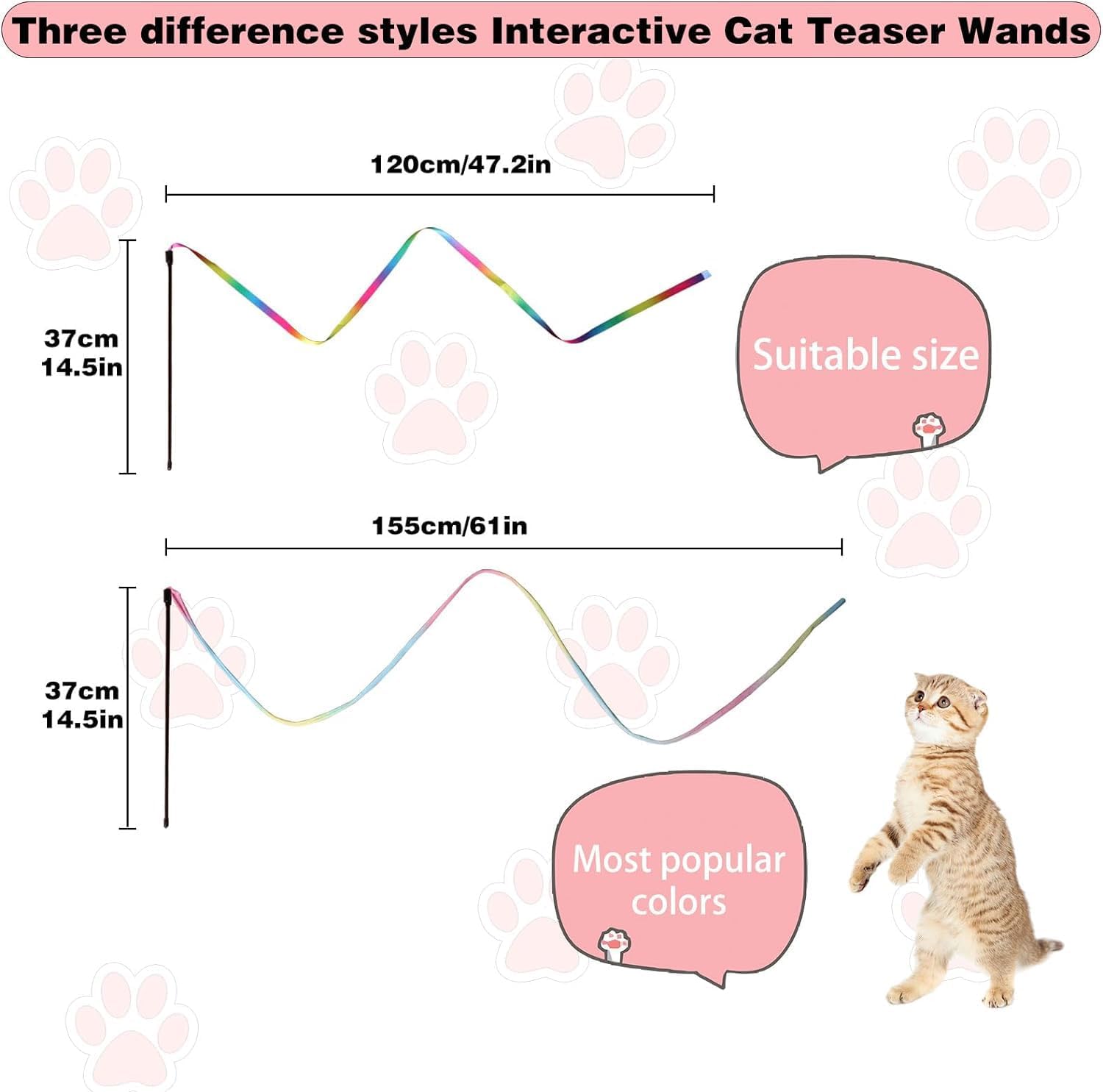 2-Pack Rainbow Ribbon Cat Teaser Wand