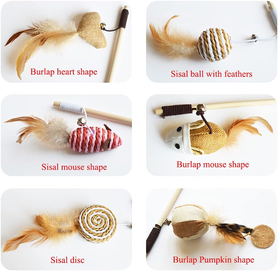 6-Piece 40cm Linen Feather Wood Rod Mouse Toy with Bell