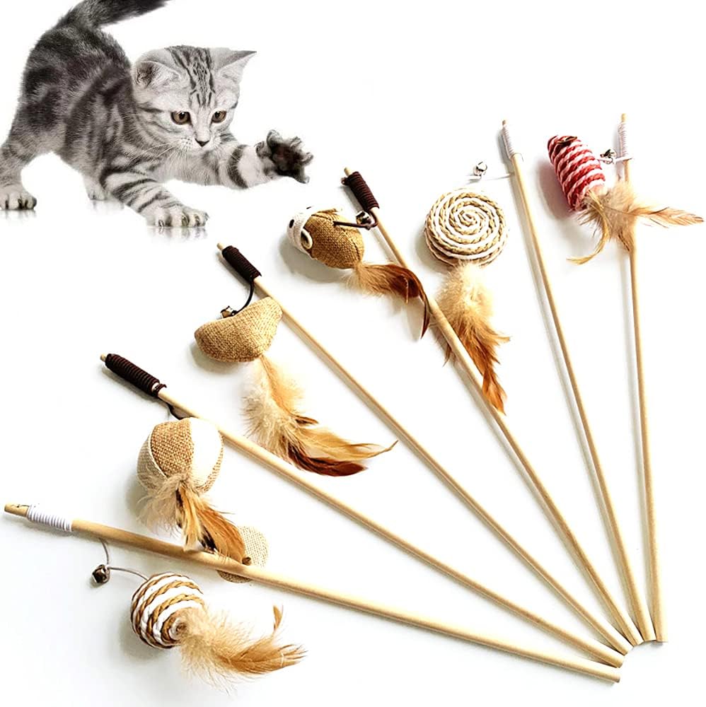 6-Piece 40cm Linen Feather Wood Rod Mouse Toy with Bell