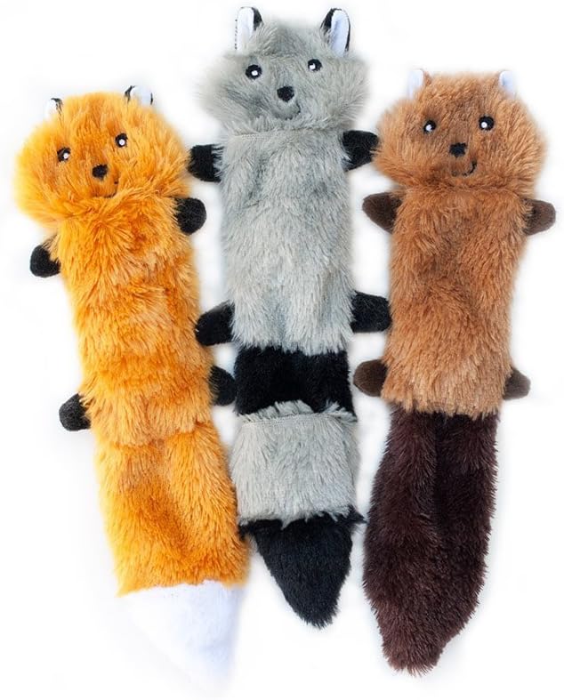 No-Stuffing Plush Squeaky Toy Pack Fox Raccoon Squirrel 11"