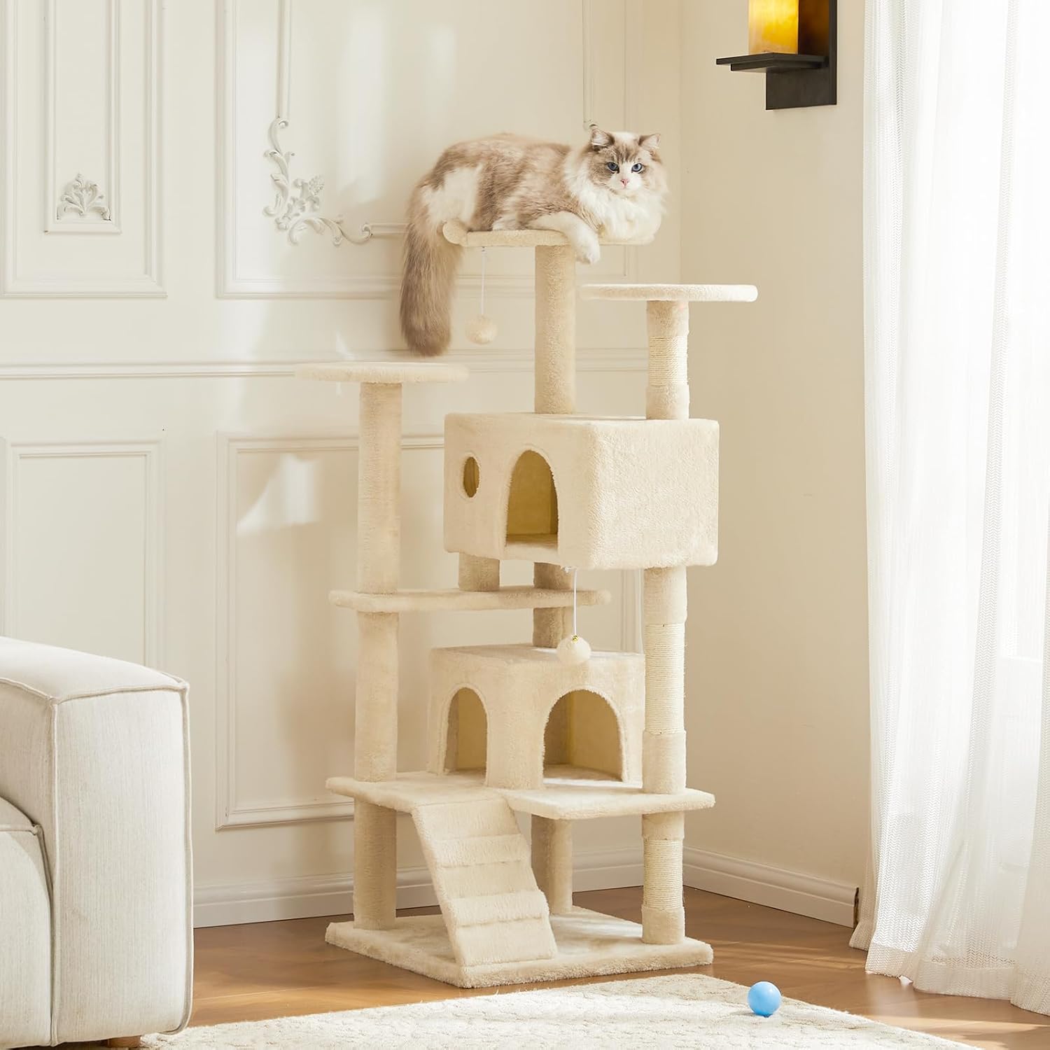 54-Inch Cat Tree Tower – Multi-Level with Sisal Scratching Post, Perfect Pet Gift, Indoor Condo with Climbing Ladder, Plush Toy, and More Animal Stuff, Beige