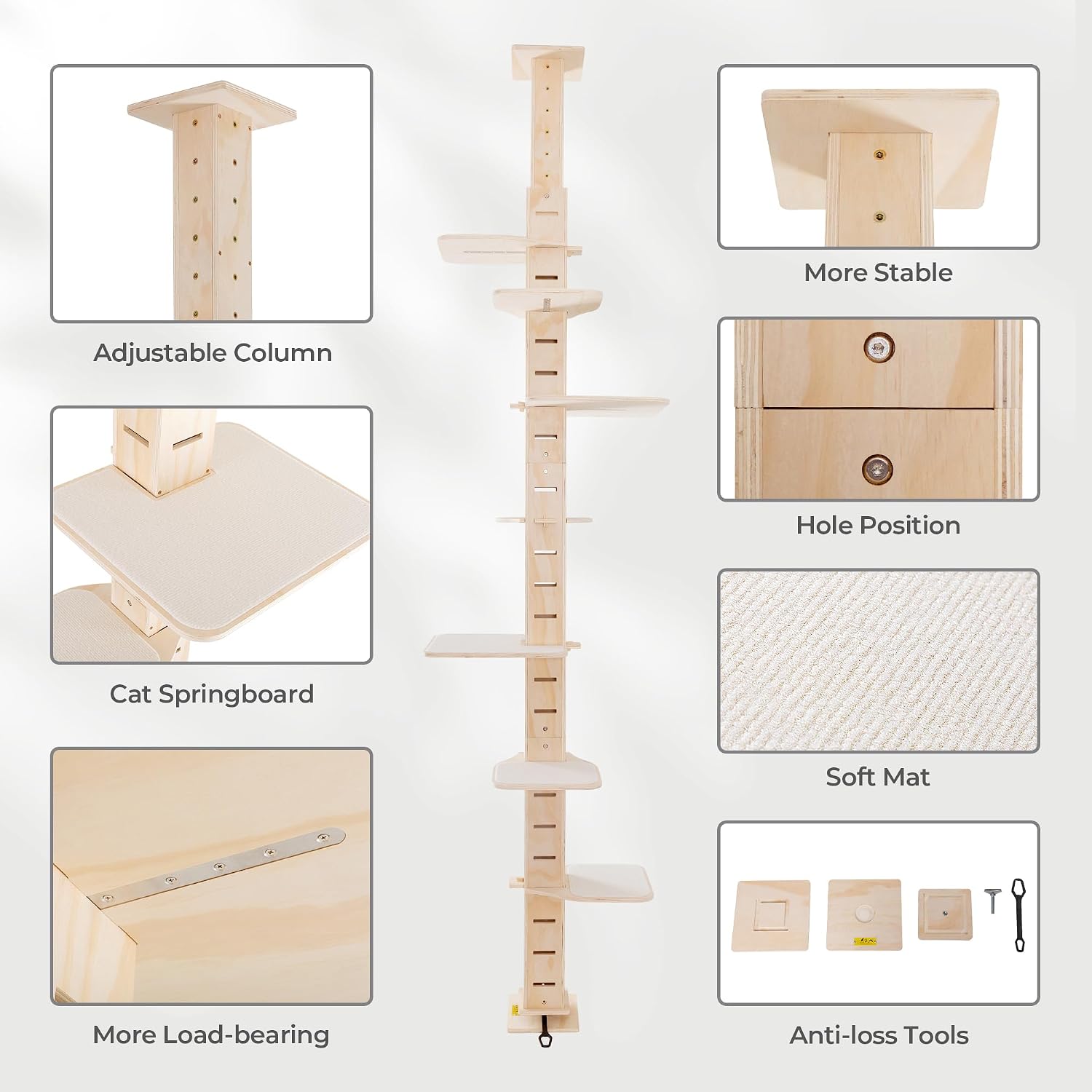 Floor to Ceiling Cat Tree Tower for Indoor Large Cats Tall Cat Climber with Adjustable Height (98-114 inches) 7 Tier Wood Cat Climbing Tower