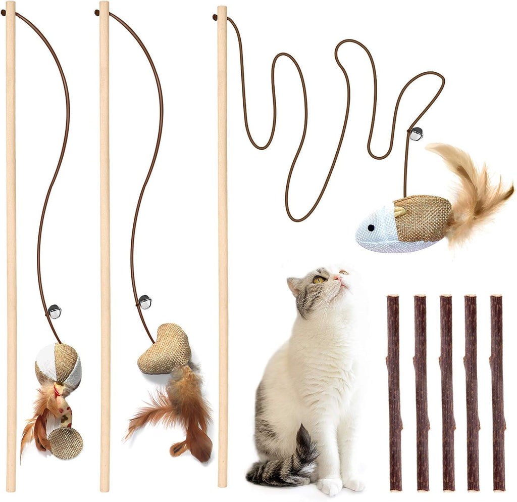 3-Piece Wood Teaser Kit with Bell Feather String & Silvervine
