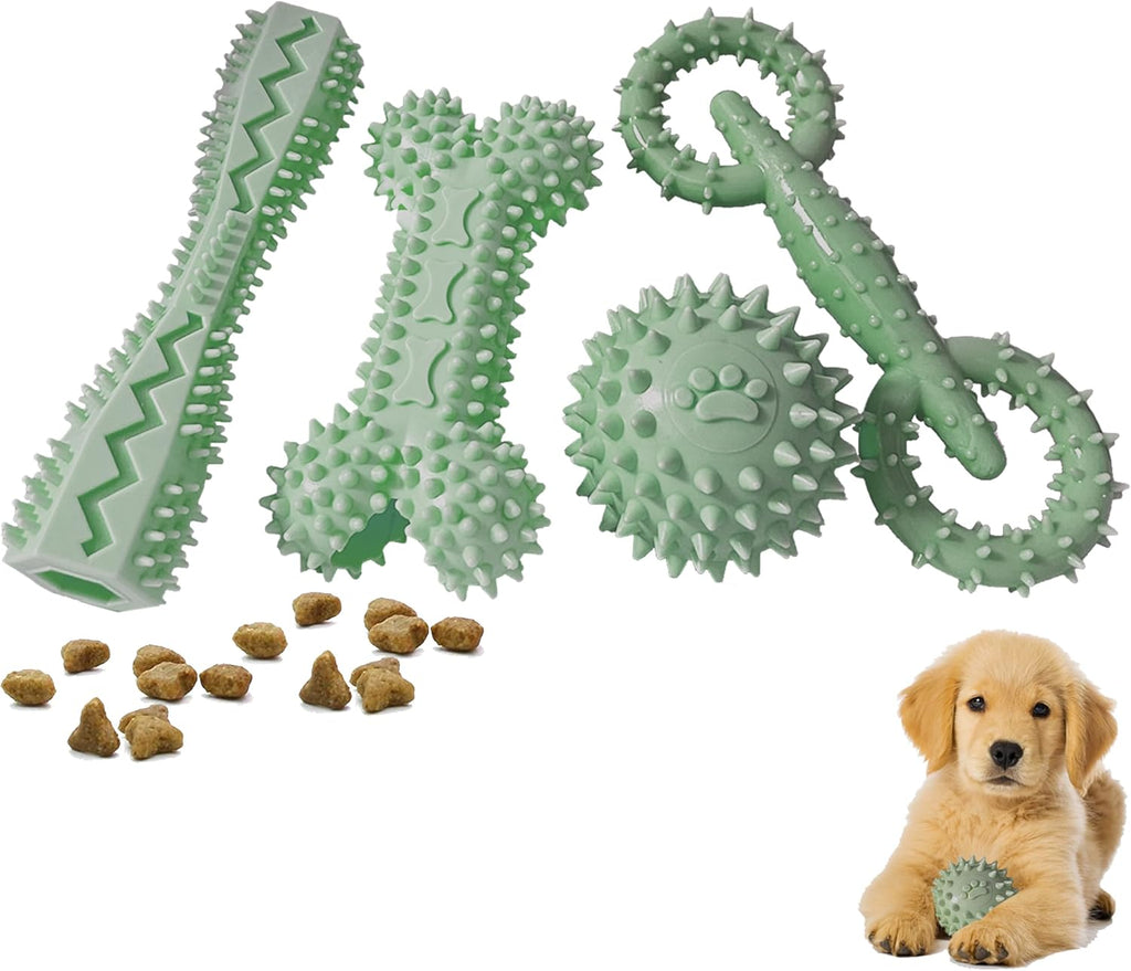 4-Pack Green Rubber Teething Chew Toy Set Bone Ball Donut Dumbbell