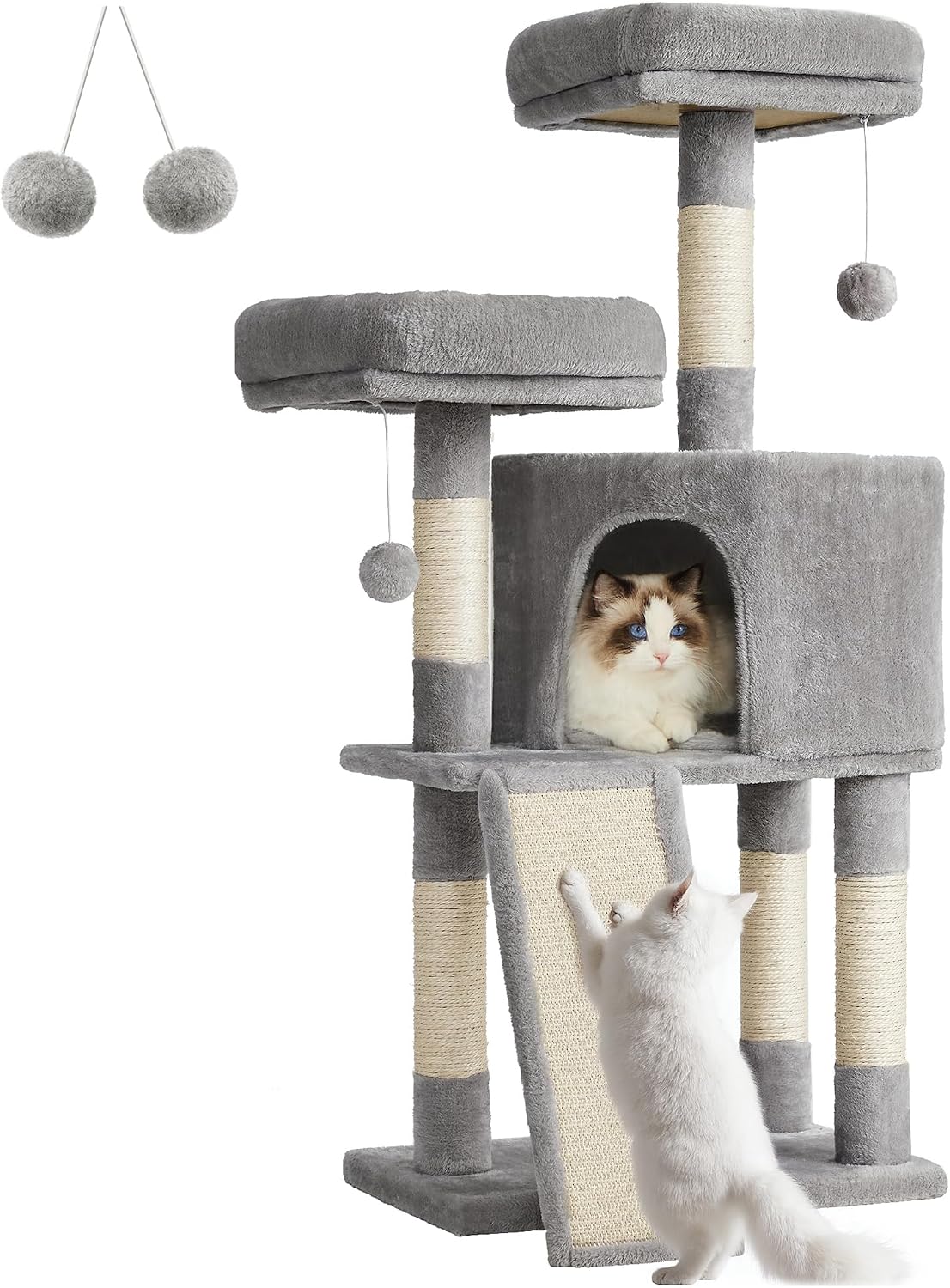 Cat Tower, Cat Tree for Indoor Cats, 45.3-Inch Cat Condo with Scratching Post, Ramp, Perch, Spacious Cat Cave, for Kis, Elderly Cats, Adult Cats, Small Space, Light Gray