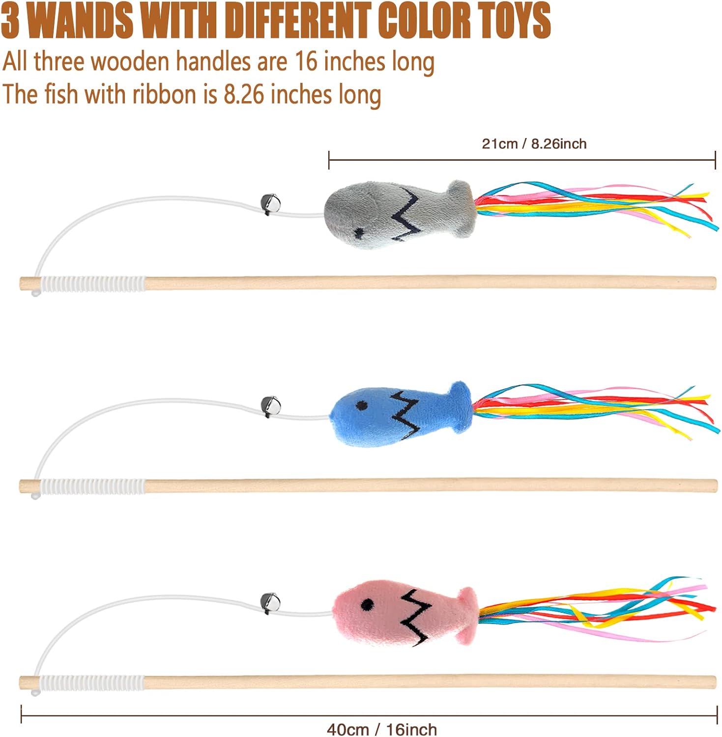 3-Piece Natural Wood Wand Teaser with Ribbon Fish & Catnip Sticks