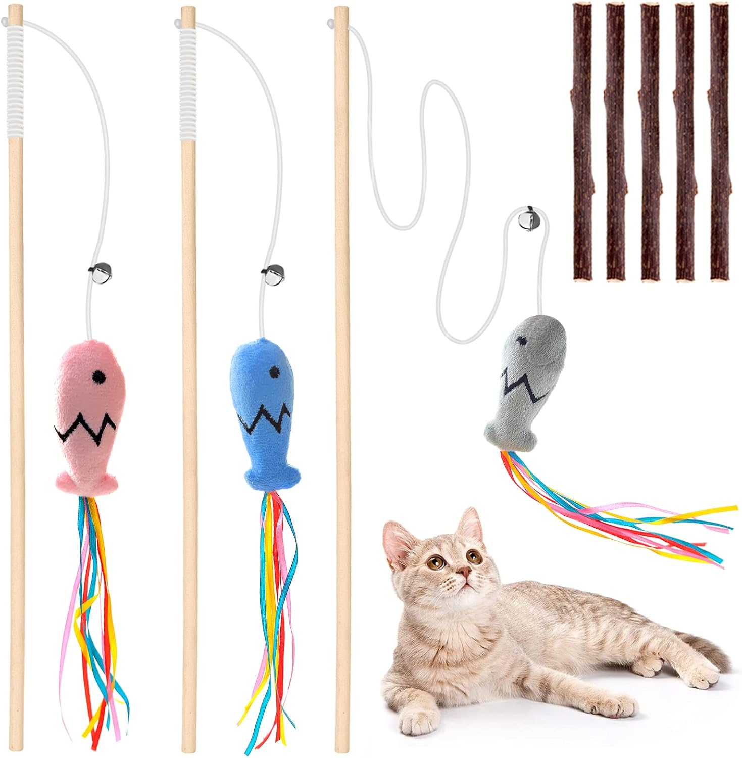 3-Piece Natural Wood Wand Teaser with Ribbon Fish & Catnip Sticks