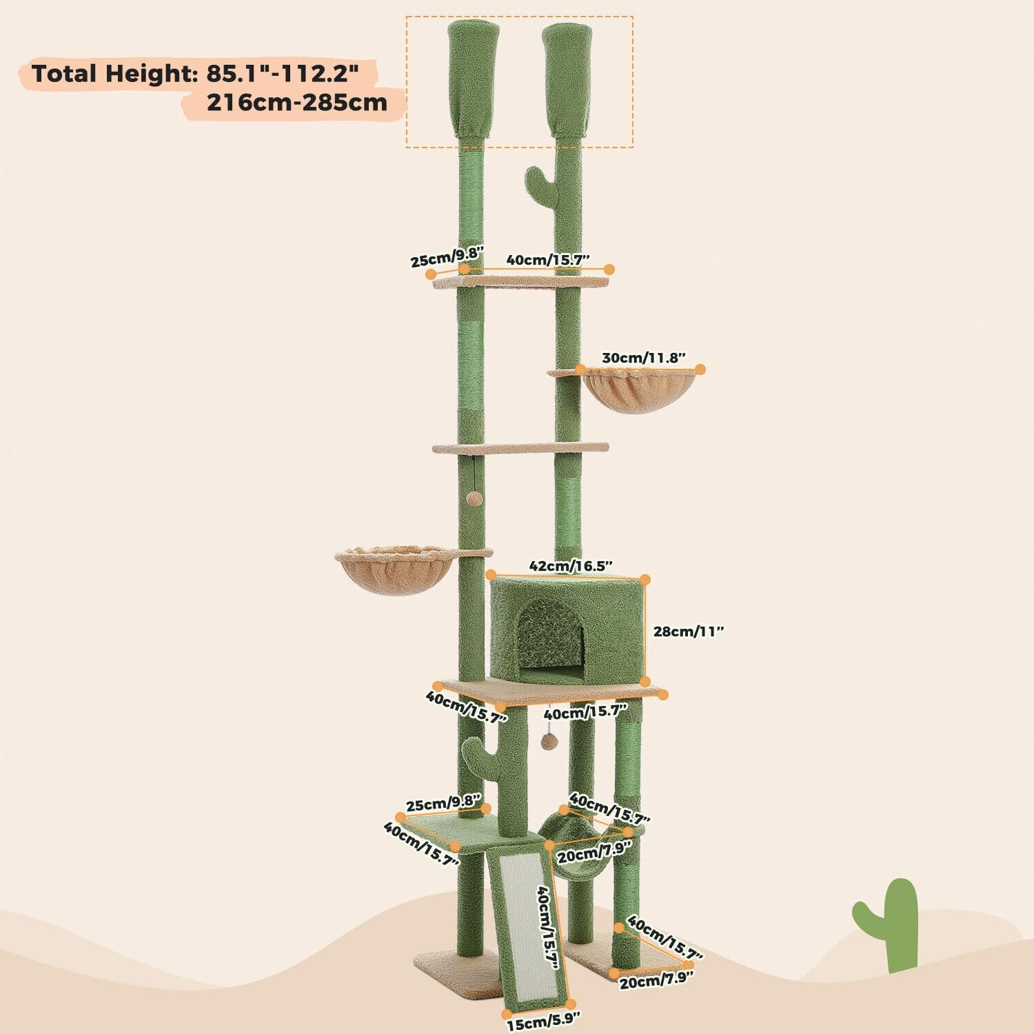 Cat Tree Floor to Ceiling Cat Tower with Adjustable Height(85-112 Inches), 7 Tiers Climbing Activity Center with Cozy Hammocks, 5 Platforms and Scratching Posts for Indoor Cats
