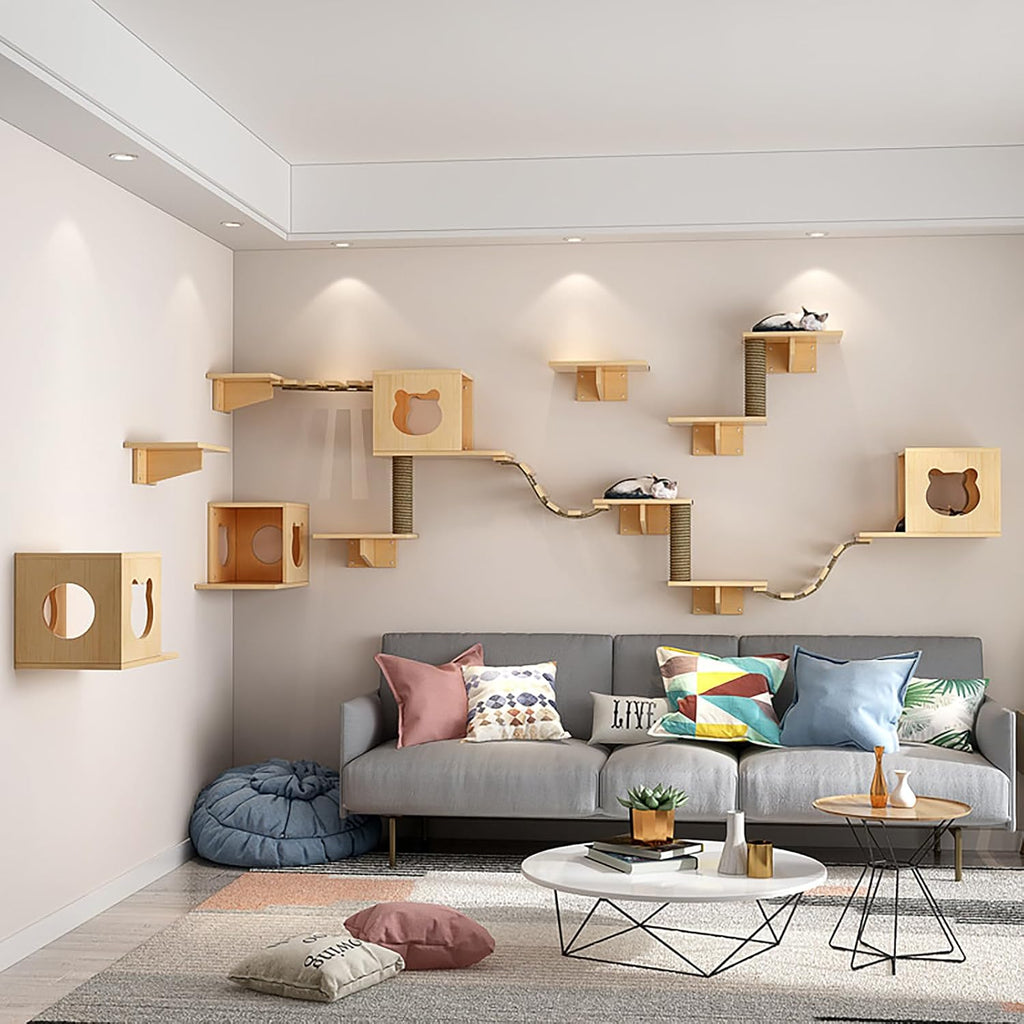 Cat Wall Shelves, Cat Wall Furniture, Cat Shelves and Perches for Wall, Cat Wall Steps Set with 4 Cat Condos House, 9 Cat perches, 2 Bridge Ladder, 3 Sisal Cat Scratching Post