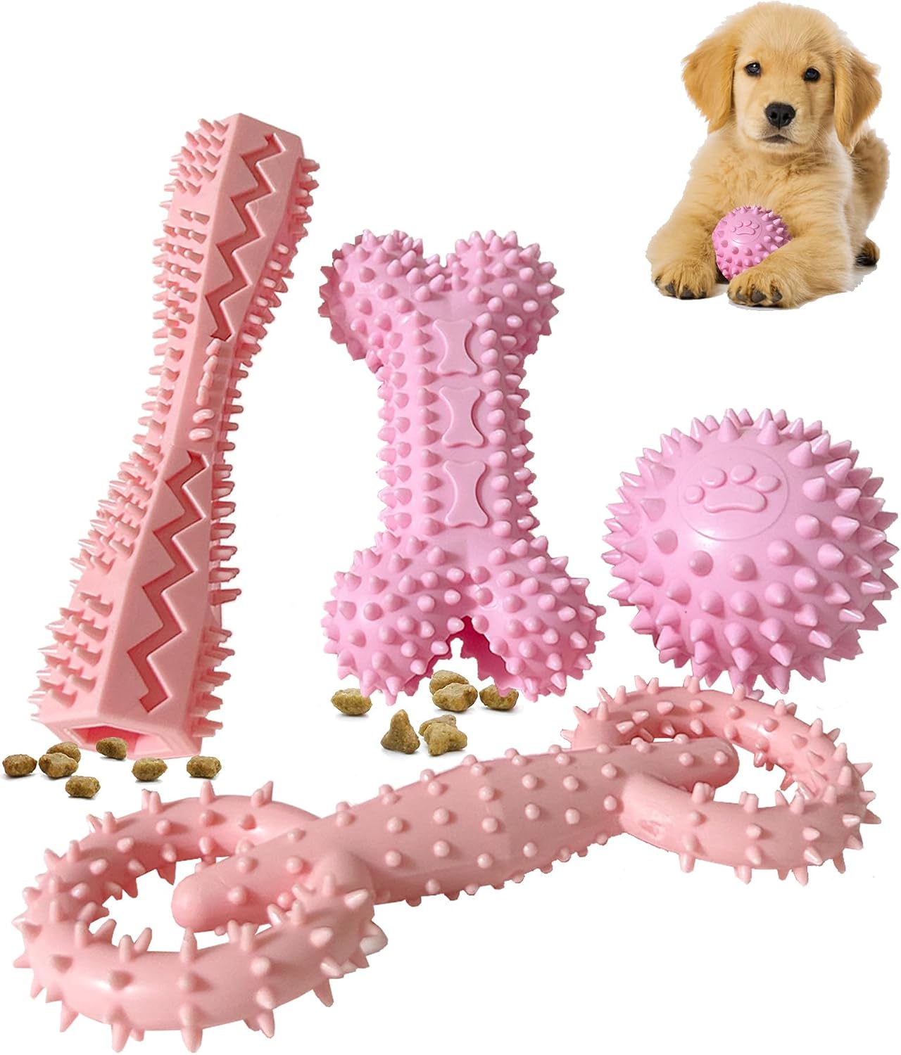 4-Pack Pink Soft Durable Teething Chew Toys for Small Puppies