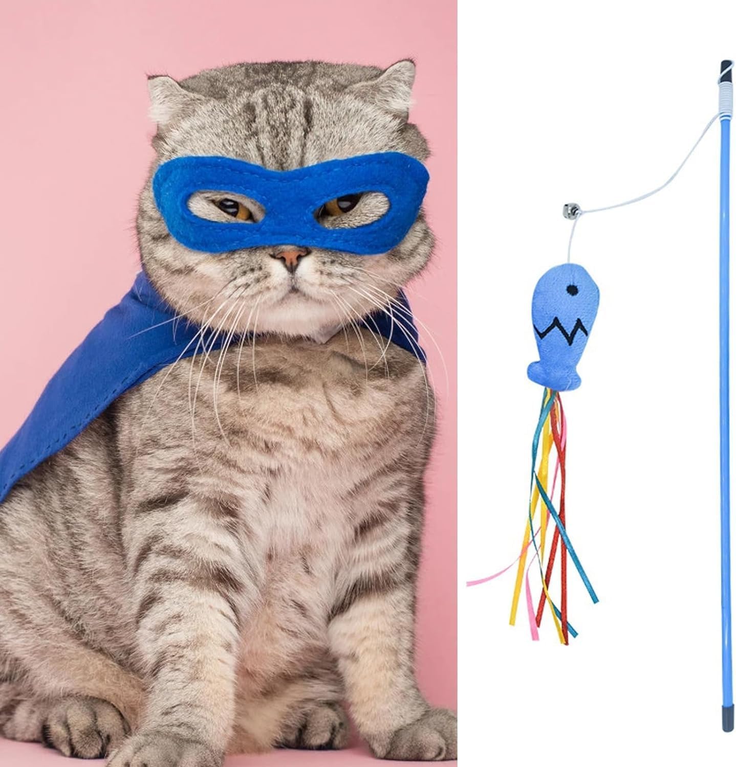 Blue Fish Design Cat Teaser Stick with Colorful Balls