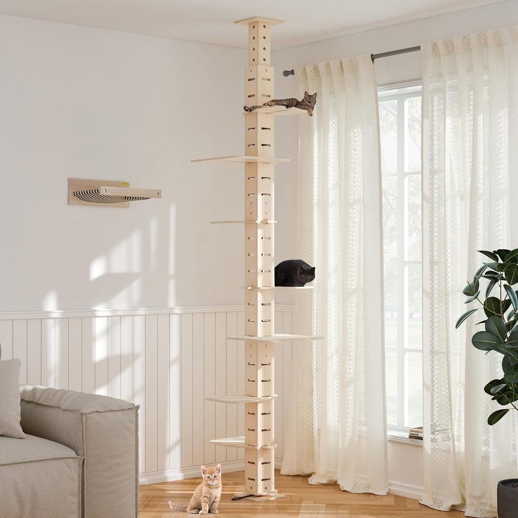 Floor to Ceiling Cat Tree Tower for Indoor Large Cats Tall Cat Climber with Adjustable Height (98-114 inches) 7 Tier Wood Cat Climbing Tower