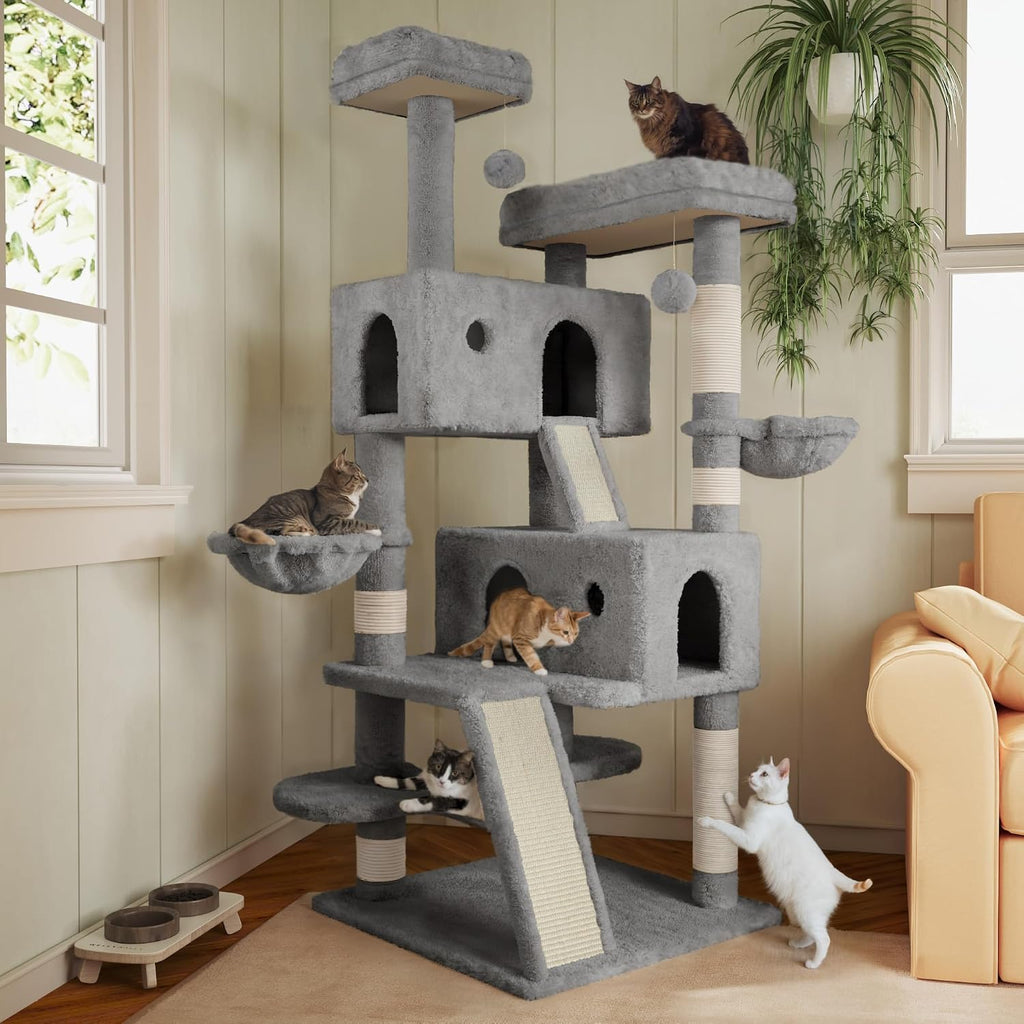 66 Inches Multi-Level Large Cat Tree Tower for Indoor Big Feline/Cozy Plush Perches/Condo/Sisal Scratching Posts/Hammock and Baskets/Activity Center Play House/Wide Base/Grey
