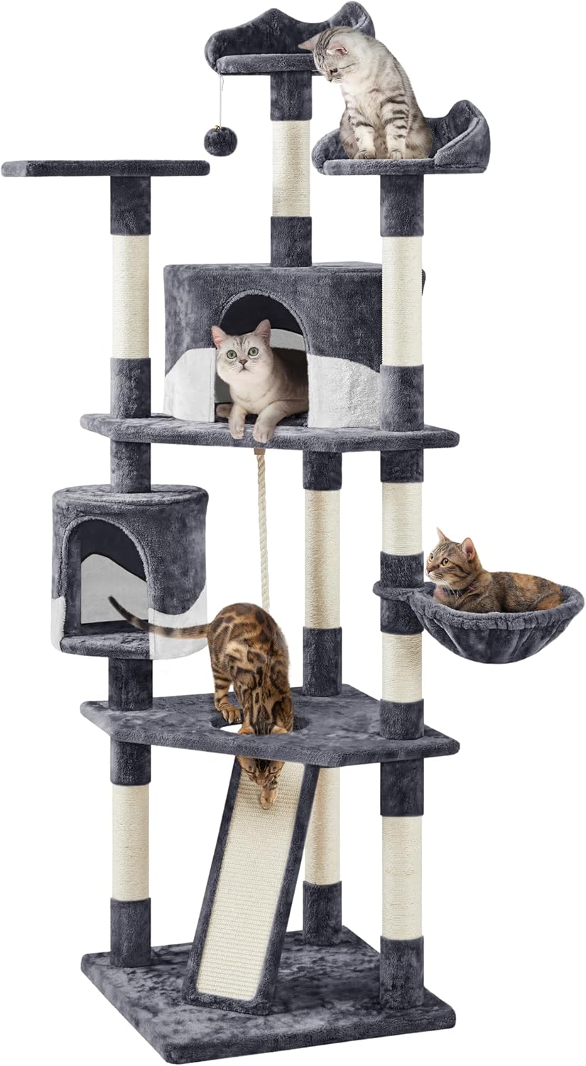 79in Multi-Level Cat Trees Indoor Cat Tower with Sisal-Covered Scratching Posts, Plush Perches and Condo for Kis, Cats and Pets - Dark Gray and White