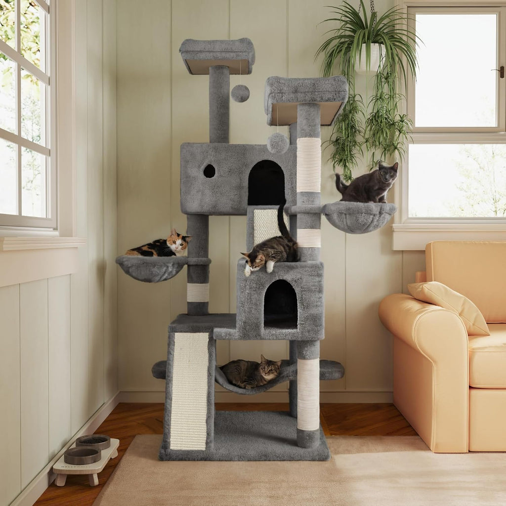 66 Inches Multi-Level Large Cat Tree Tower for Indoor Big Feline/Cozy Plush Perches/Condo/Sisal Scratching Posts/Hammock and Baskets/Activity Center Play House/Wide Base/Grey