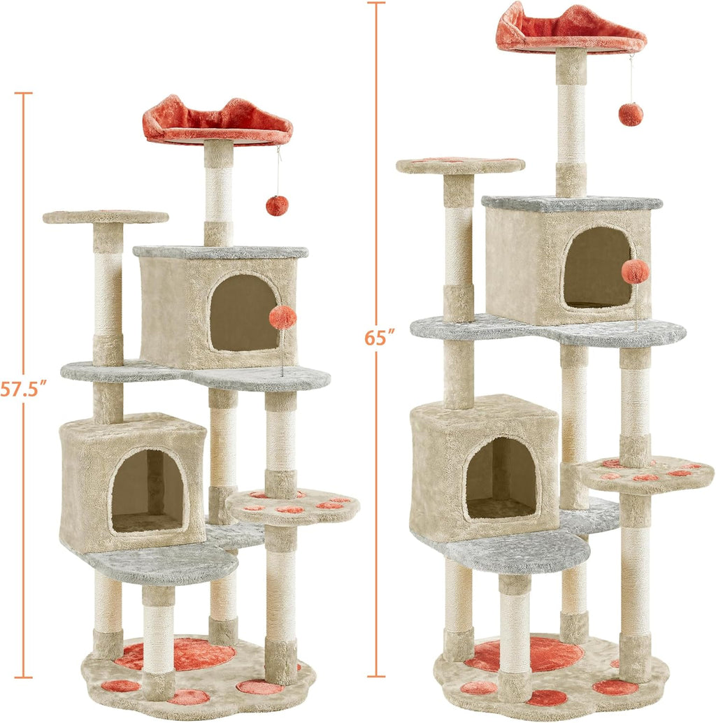 65in Cute Cat Tree, Cat Paw-Shaped Play Tower with Heart-Shaped Platform, Spring Ball & Hanging Ball, Double Condos, Scratching Posts, Cat Climbing Frame Bed Furniture for Indoor Cats