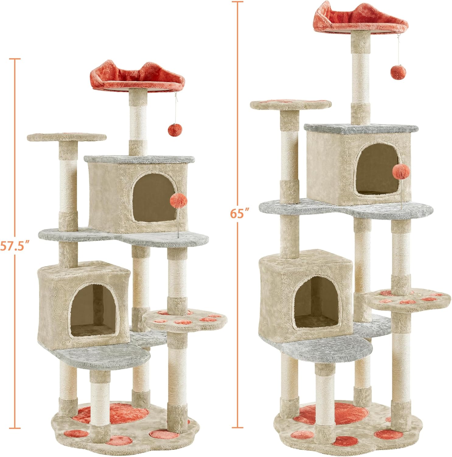 65in Cute Cat Tree, Cat Paw-Shaped Play Tower with Heart-Shaped Platform, Spring Ball & Hanging Ball, Double Condos, Scratching Posts, Cat Climbing Frame Bed Furniture for Indoor Cats