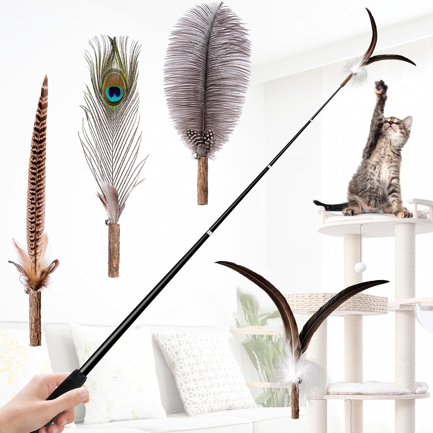 68" Extra Long Fishing Pole Toy with 4 Natural Feathers & Silvervine