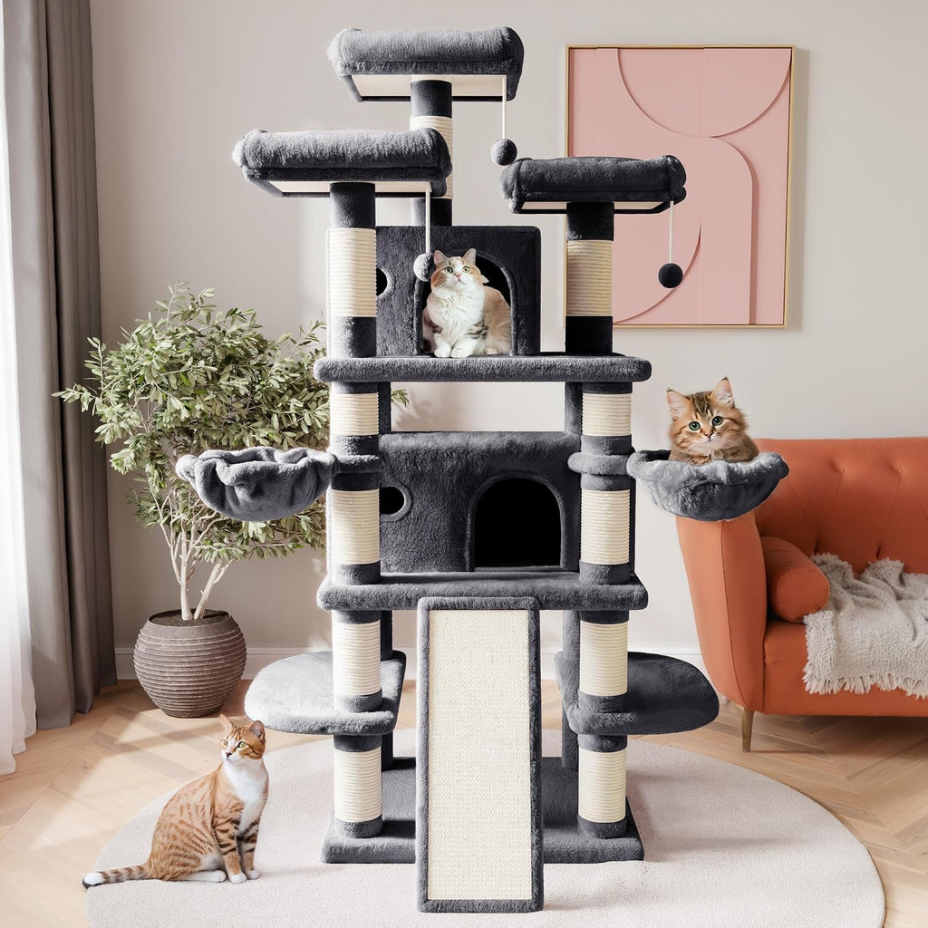 68 Inches Multi-Level Large Cat Tree for Large Kitties/Big Cat Tower with Condo/Cozy Plush ‌Pussycat Perches/Sisal Scratching Posts and Hammocks/Activity Center/Dark Grey