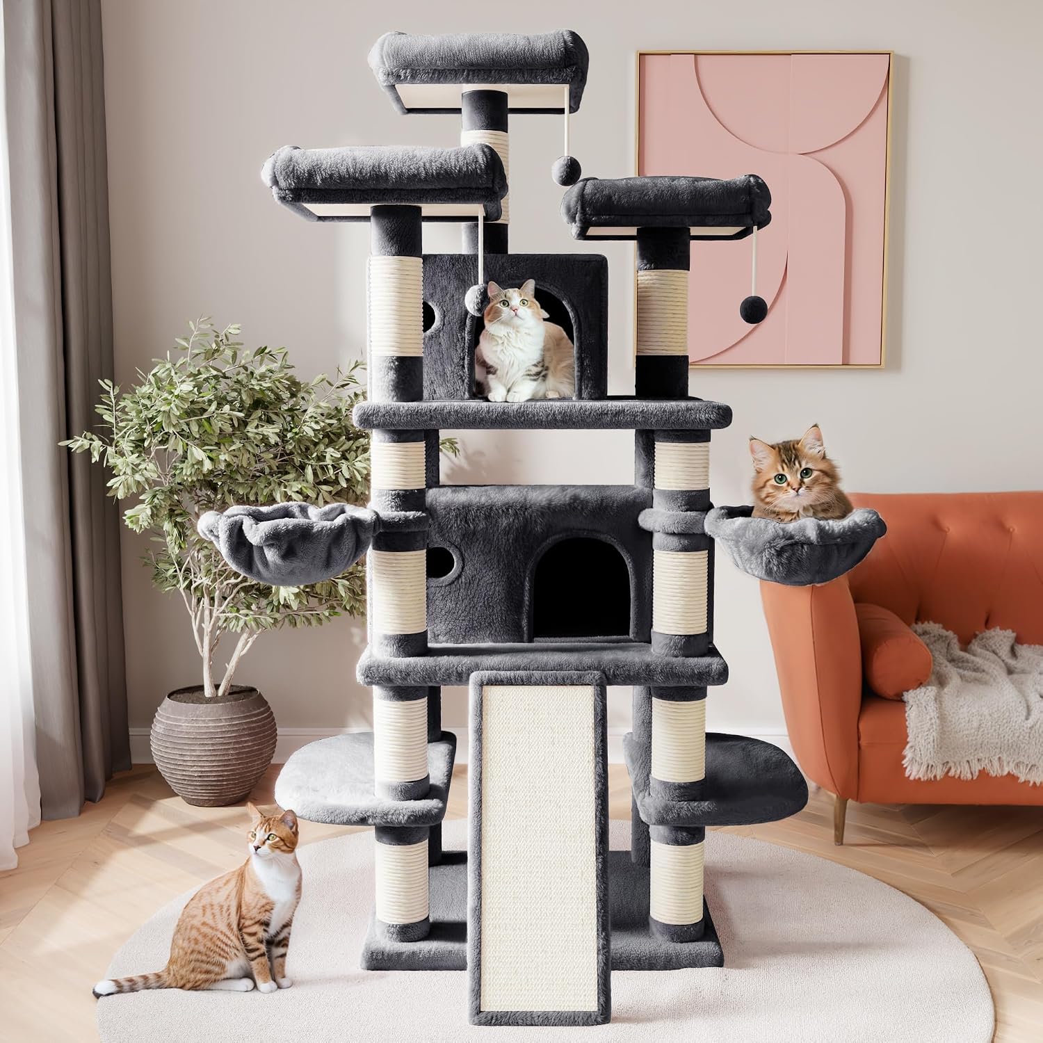 68 Inches Multi-Level Large Cat Tree for Large Kitties/Big Cat Tower with Condo/Cozy Plush ‌Pussycat Perches/Sisal Scratching Posts and Hammocks/Activity Center/Dark Grey