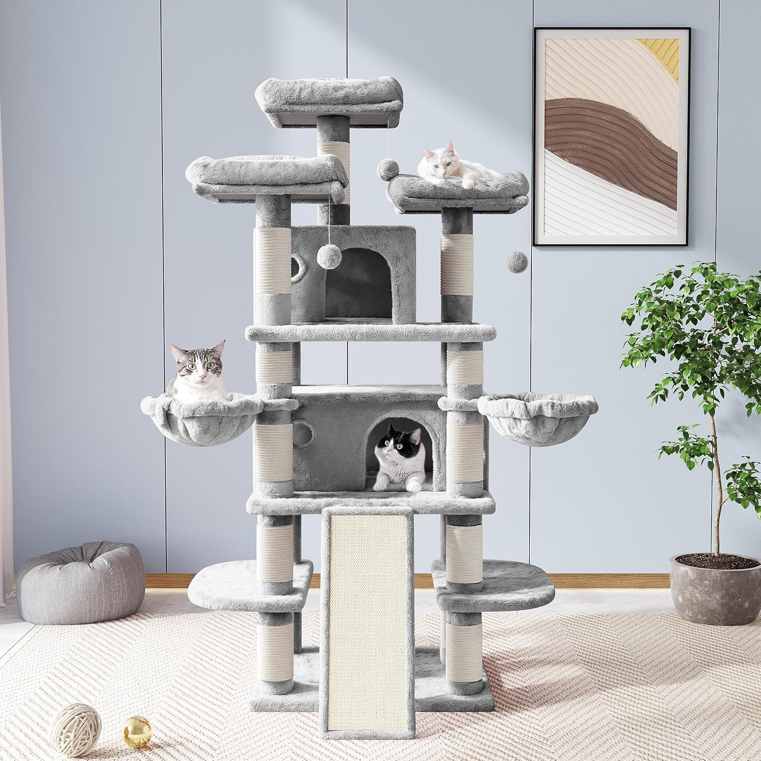 68 Inches Cat Tree/House and Towers for Big Feline/Scratching Post/Multi-Level Large Kitty Climbing Tree with Condo/Light Grey