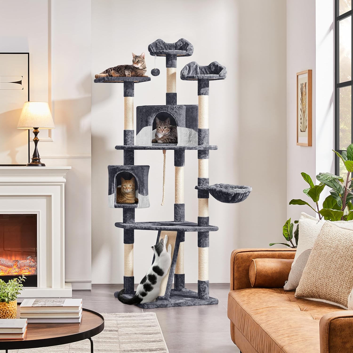 79in Multi-Level Cat Trees Indoor Cat Tower with Sisal-Covered Scratching Posts, Plush Perches and Condo for Kis, Cats and Pets - Dark Gray and White