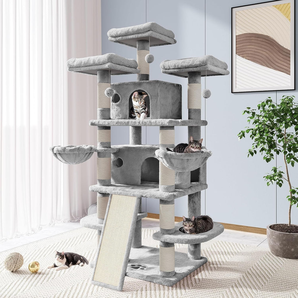 68 Inches Cat Tree/House and Towers for Big Feline/Scratching Post/Multi-Level Large Kitty Climbing Tree with Condo/Light Grey